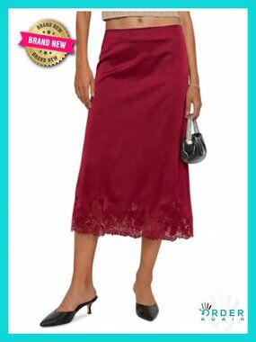 Women's Satin Midi Skirt A-Line Lace Mermaid Hem High Waist Elegant